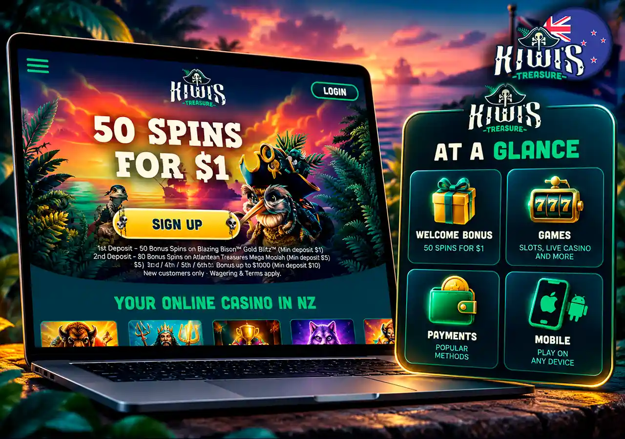 Casino website on laptop with a concise overview of bonus, games, payments and mobile access.